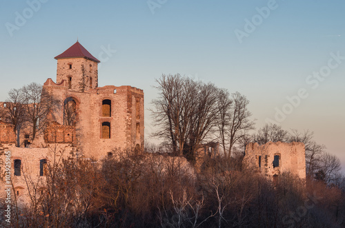 Ruins of medieval castle Teczyn in Rudno, Poland, in the evening, vintage photo photo