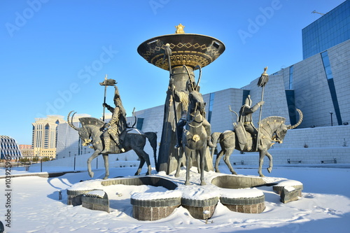 Statue featuring a historic Kazakh warrior in front of the Historical Museum in Astana, Kazakhstan