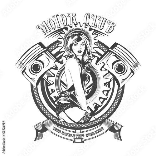 Vintage Motor Club Signs and Label with a beautiful woman. Vector illustration