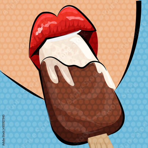 Ice scream and lips. Pop art style. Vector illustration