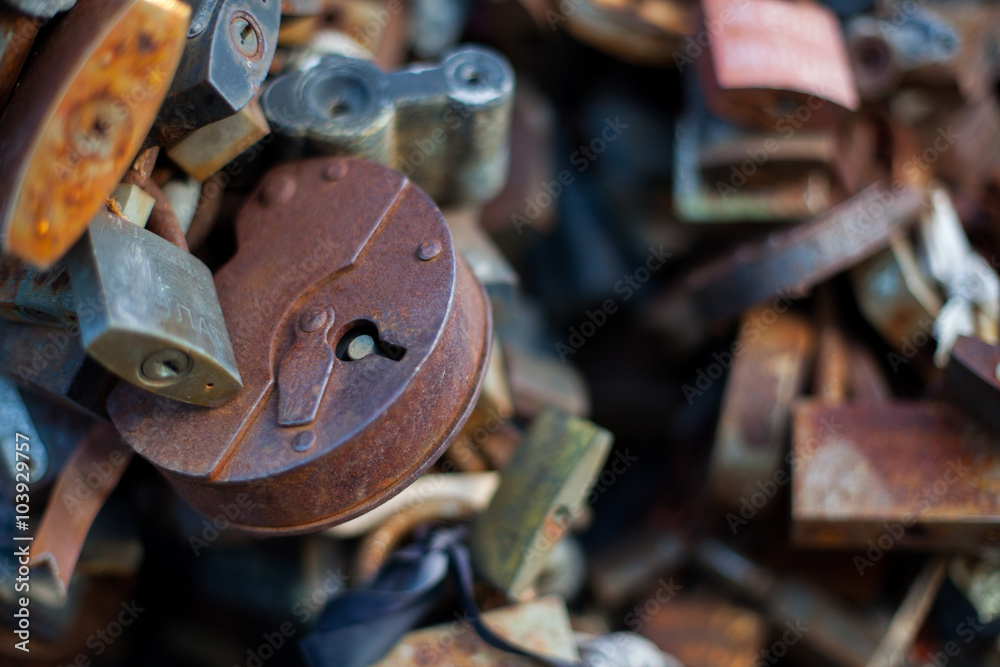 Many of the old, rusty locks, linked together Many of the old, rusty locks, linked together