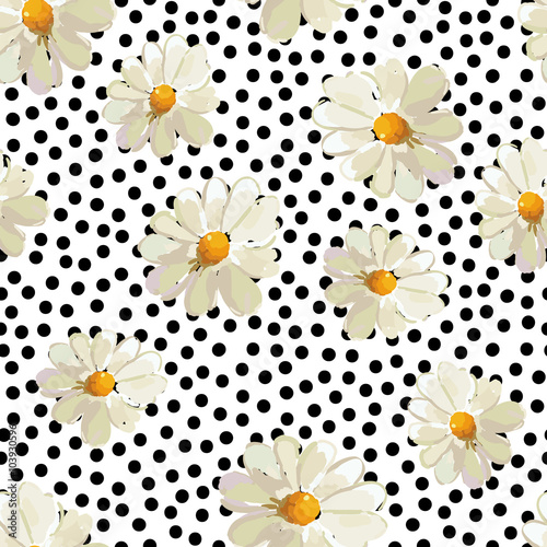 Daisies on the white background with black dots. Vector seamless pattern with wild summer flowers.