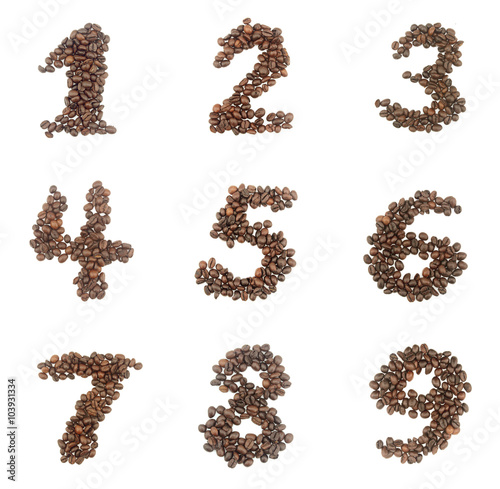 Number set made of coffee beans - numbers 1,2,3,4,5,6,7,8,9