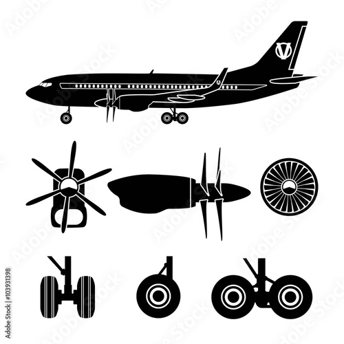 Jets constructor. Black silhouettes aircraft parts. Collection o