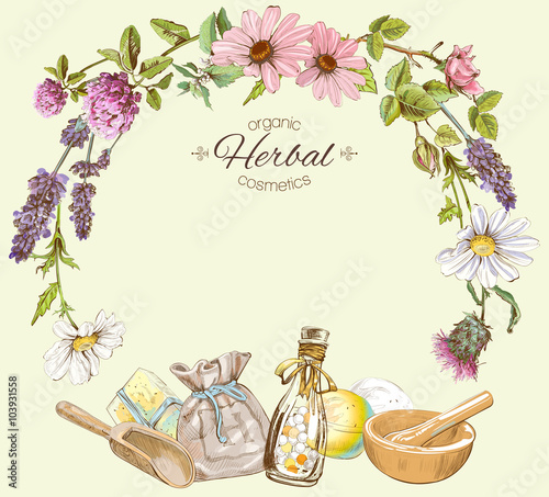 Vector vintage round frame with wild flowers and medicinal herbs.Design for cosmetics, store, beauty salon, natural and organic products. Can be used like a greeting card.