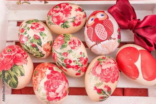 Hand painted and decoupage decorated Easter eggs