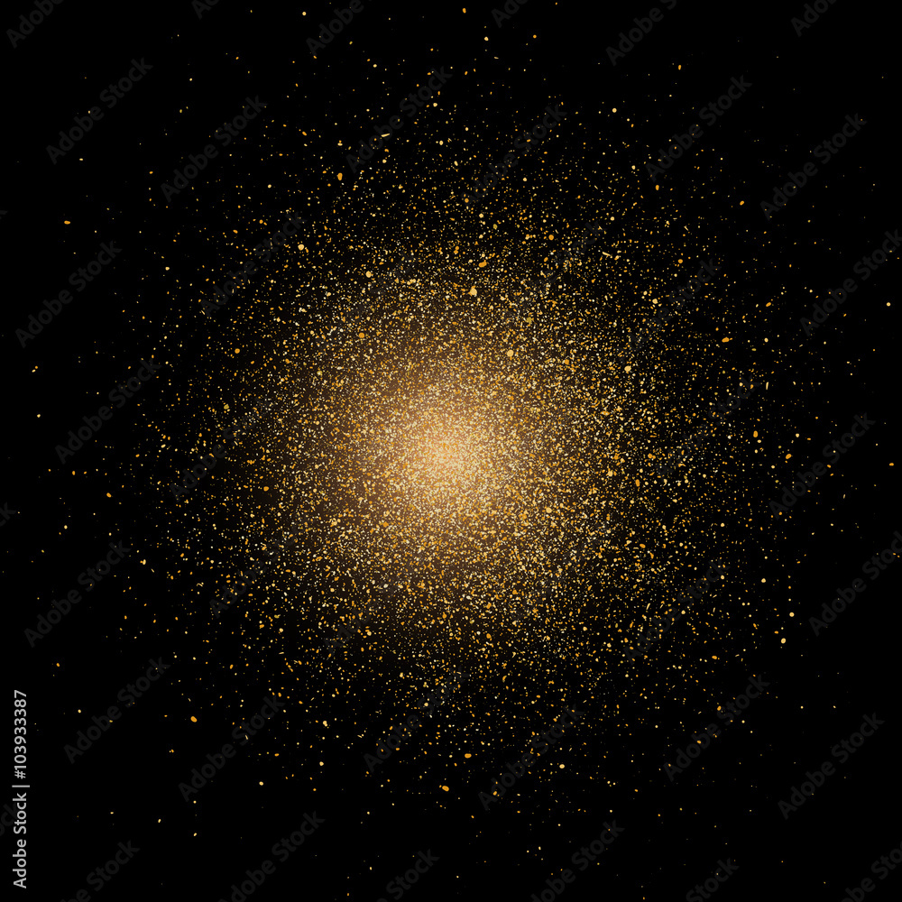Particle explosion effect. Golden glitter texture. Supernova star implosion. Vector.