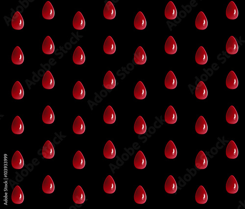 Seamless pattern with red transparent drops on a dark background. Stylized drop of blood. Background with 3d effect.