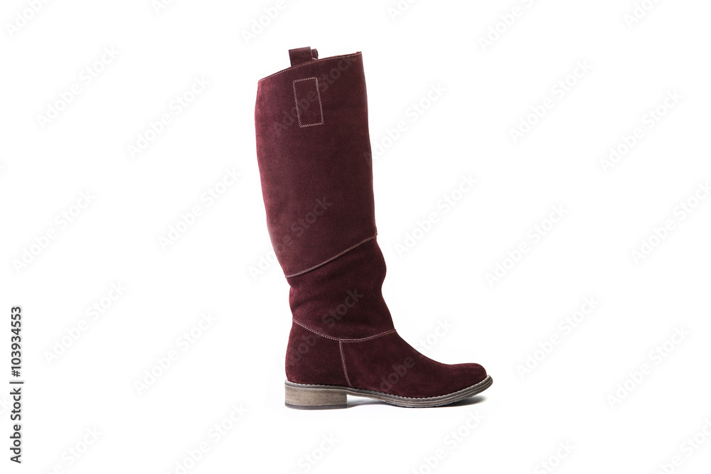 red women's boots on a white background, suede shoes online store