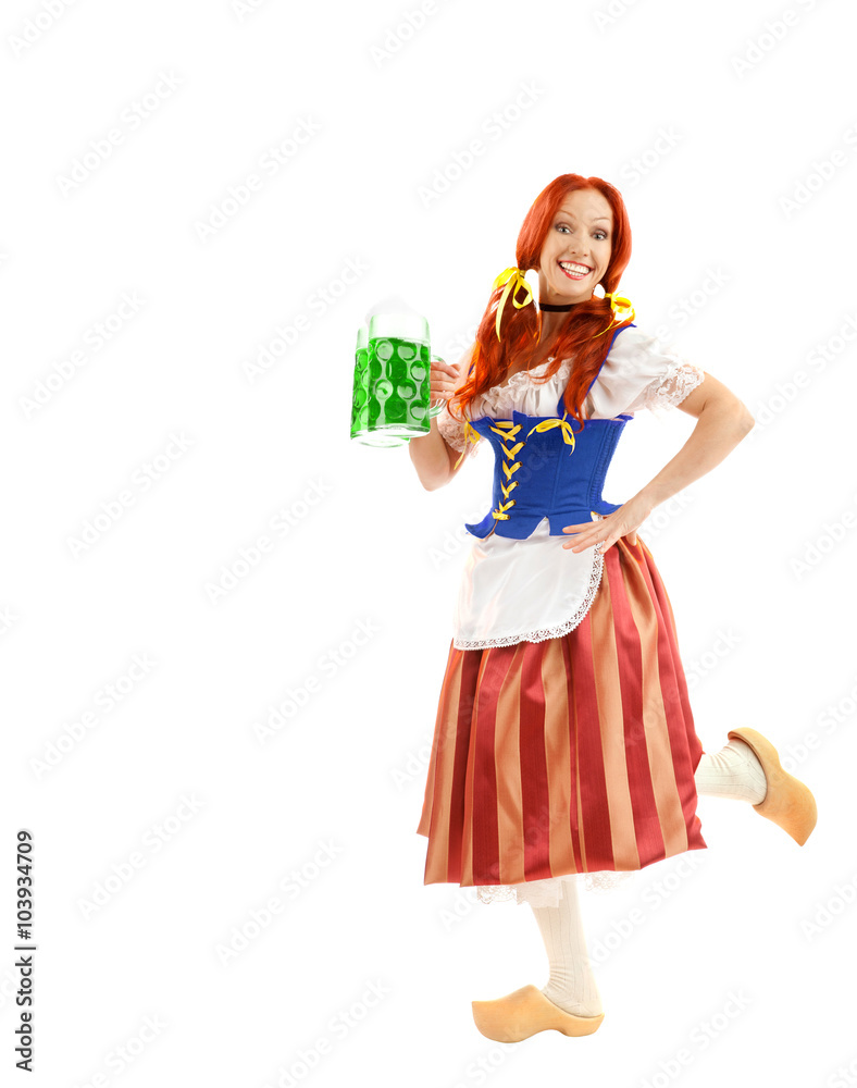 Happy Woman in Traditional Costume  Holding  a Beer Glass on Whi