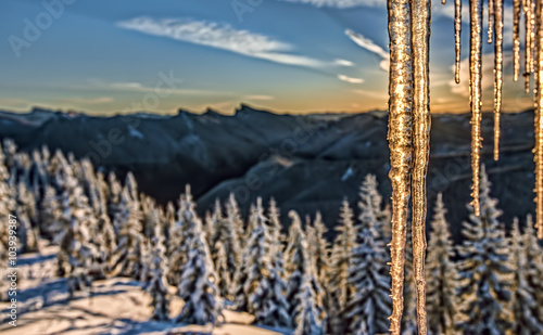 Icicles Glow in Morning Sunlight over Cascade Mountain Range