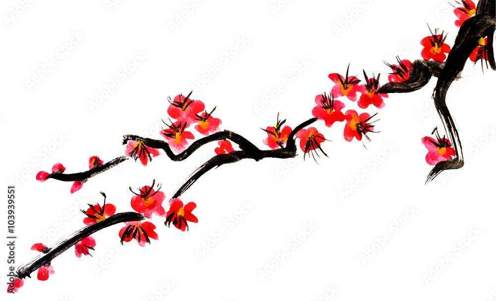 Fototapeta premium A branch of a blossoming tree. Pink flowers of sakura . Watercolor painting. Isolated on white background.