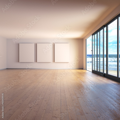 Raum mit drei Leinwänden und Holzfußboden an der See