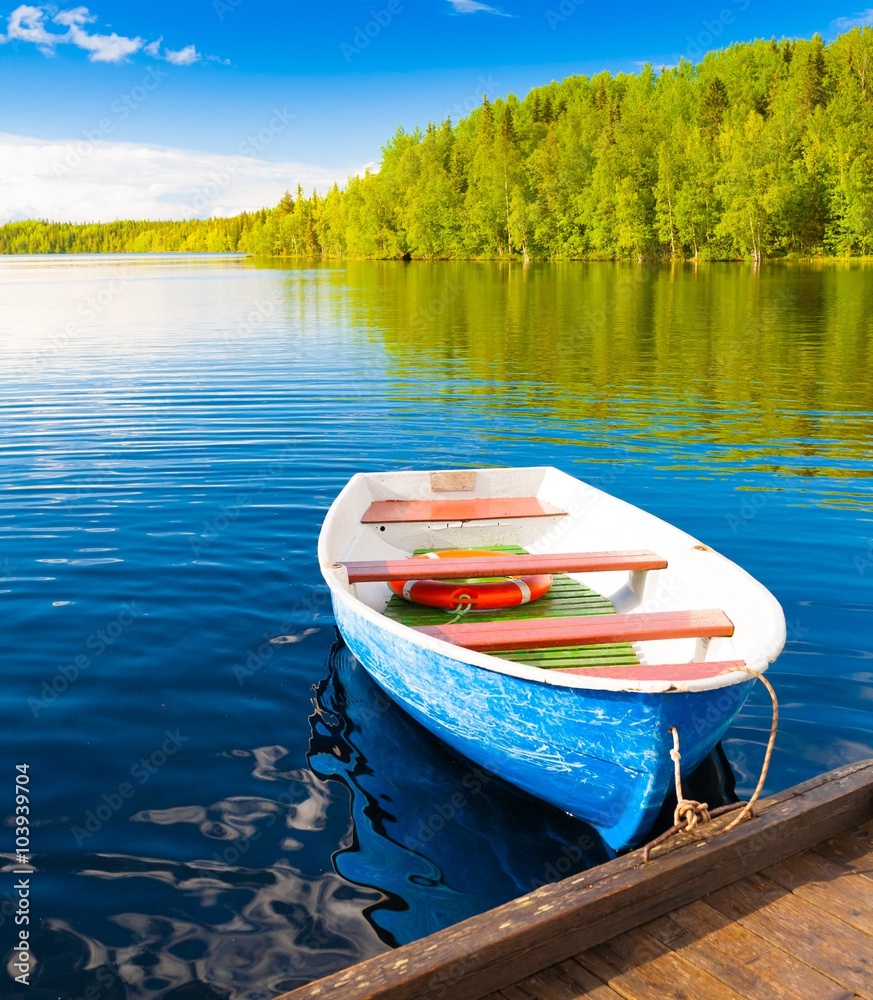 Obraz premium Solovki. landscape lake wooden boat day!
