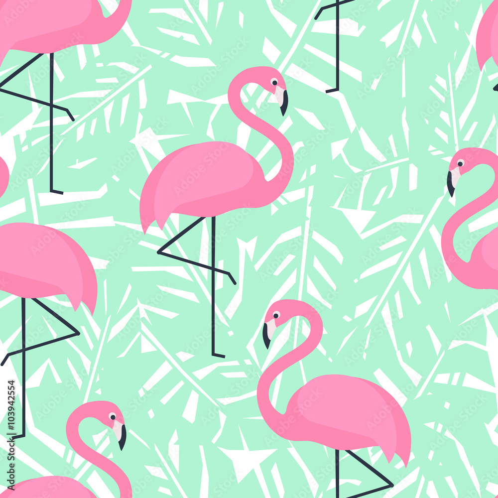 Obraz premium Tropical trendy seamless pattern with pink flamingos and mint green palm leaves. Exotic Hawaii art background. Design for fabric and decor.