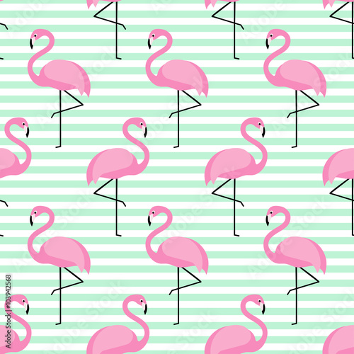 Flamingo seamless pattern on stripped background. Flamingo vector background design for fabric and decor.