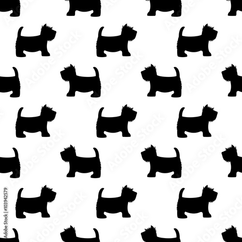 Scottish terrier seamless pattern. Cute dogs on white. Child drawing style puppy background. Design for fabric and decor.