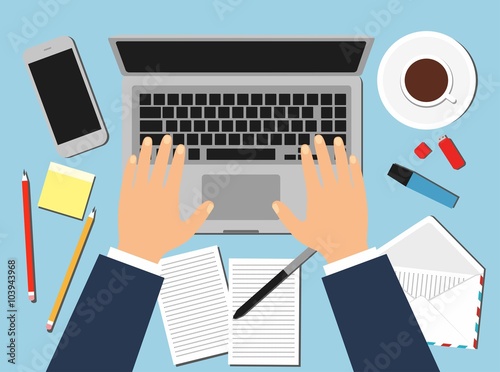 Stock Vector Illustration: male in the workplace. Hands desks laptop screen vector illustration of business people Top View angle above the office