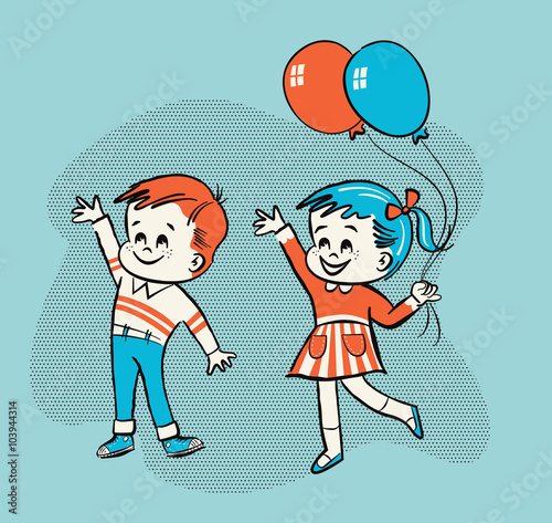 Retro advertising style pen and ink vector line drawing of little boy and girl waving and holding balloons