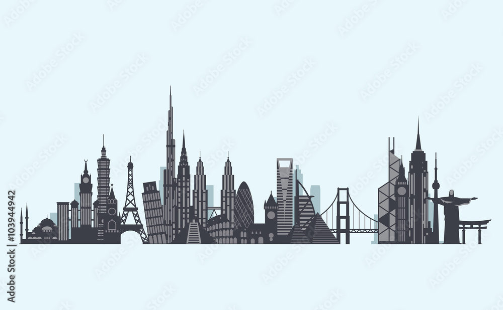 World landmarks silhouette. Travel and tourism background.