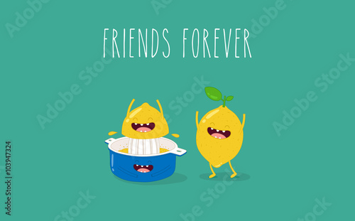 Funny blue juicer squeeze lemon fruit. Lemon and juicer friend forever. Vector illustration.