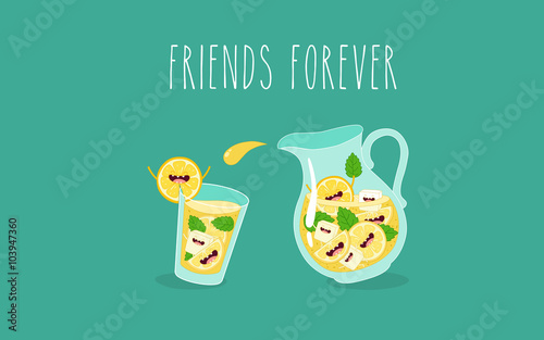 Funny pitcher of lemonade with ice and lemon. Vector illustration.