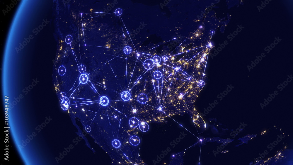 Global communications through the network of connections over North and South America. Concept of internet, social media, traveling or logistics. High resolution texture of city lights. 4k - Ultra HD.
