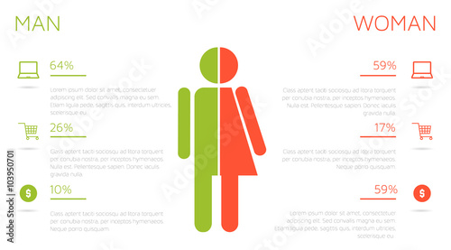 Man and female infographic template with notebook, coin and shop