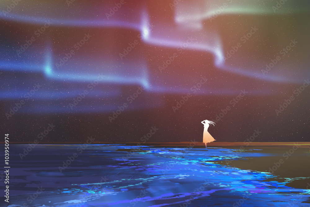 Fototapeta premium woman standing on beach glows with Northern lights Aurora borealis above,illustration painting