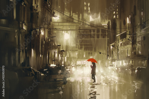 woman with red umbrella crossing the street,rainy night,illustration