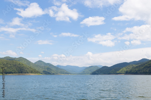 Mountains and water in the dam