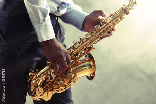 African American jazz musician playing the saxophone  closeup