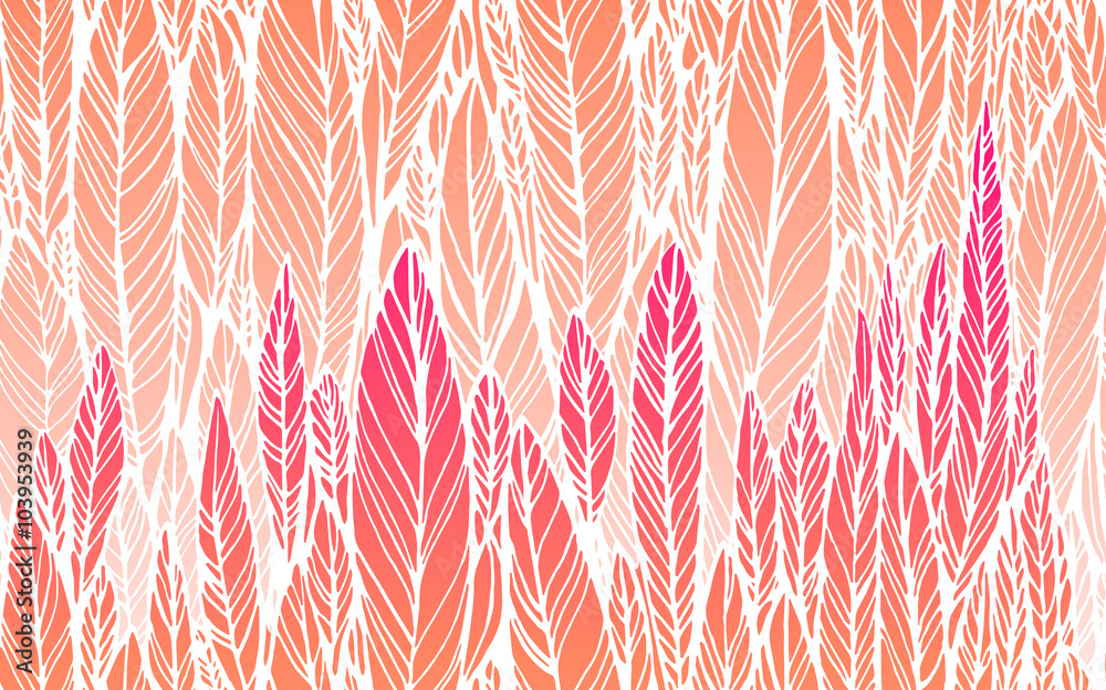 print, seamless pattern of  pink leaves, grass, feathers, vector illustration