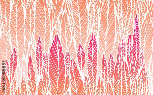 print, seamless pattern of  pink leaves, grass, feathers, vector illustration