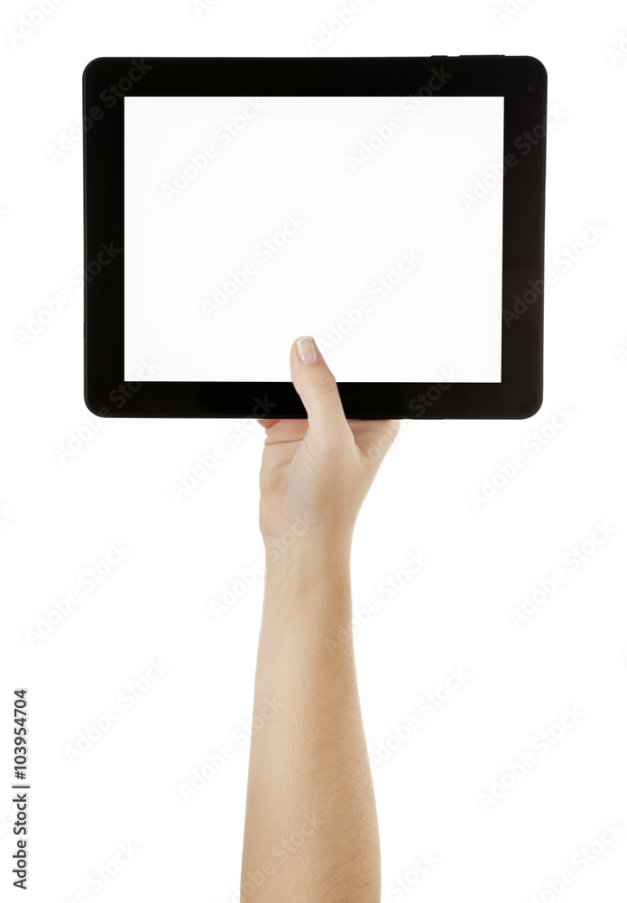Black tablet in hands isolated on white background Black tablet in hands isolated on white background