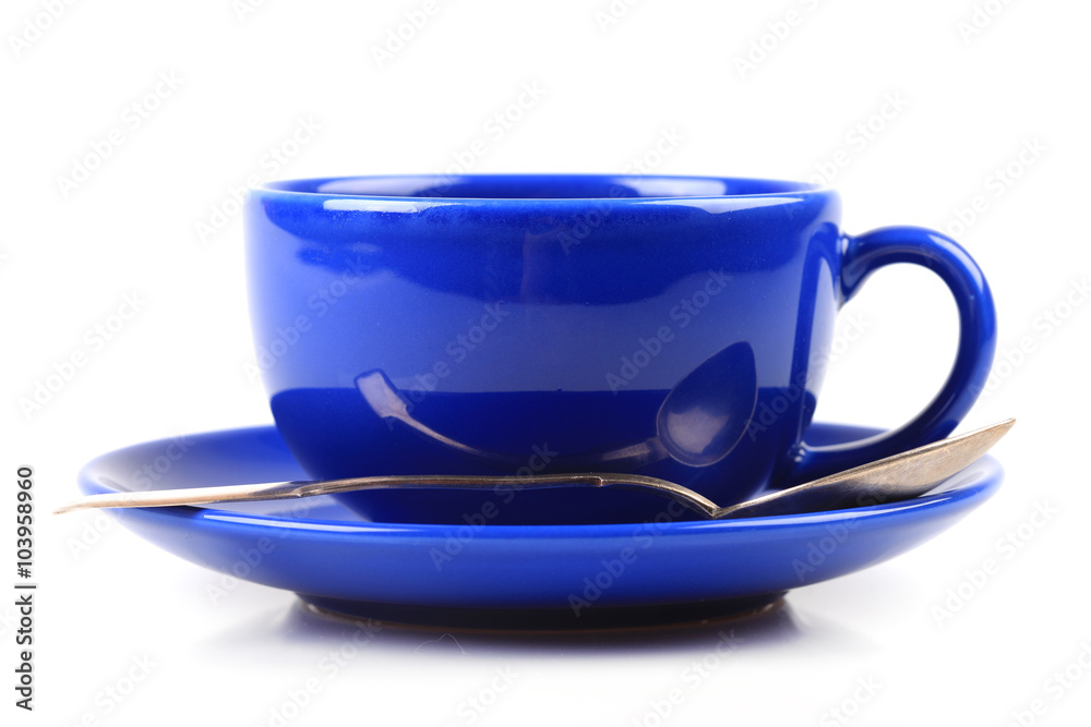 blue cup and spoon on white background isolated blue cup and spoon on white background isolated