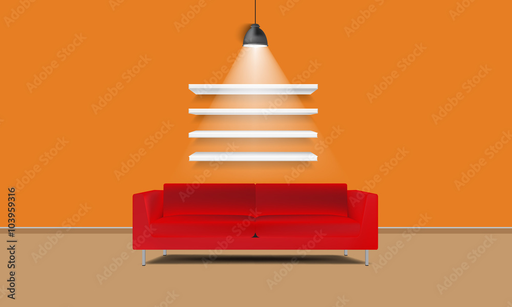 Vector modern interior with red sofa. Shelves on wall Vector modern interior with red sofa. Shelves on wall
