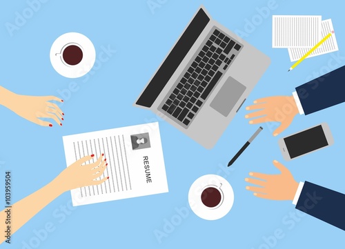 Flat design icon of searching professional staff, analyzing resume, recruitment, human resources management. Human Resource Working Place Desk Documents 