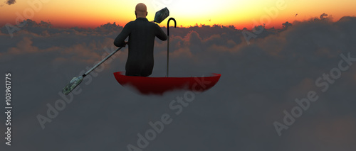 Φωτογραφία Man paddling through clouds in an upturned umbrella