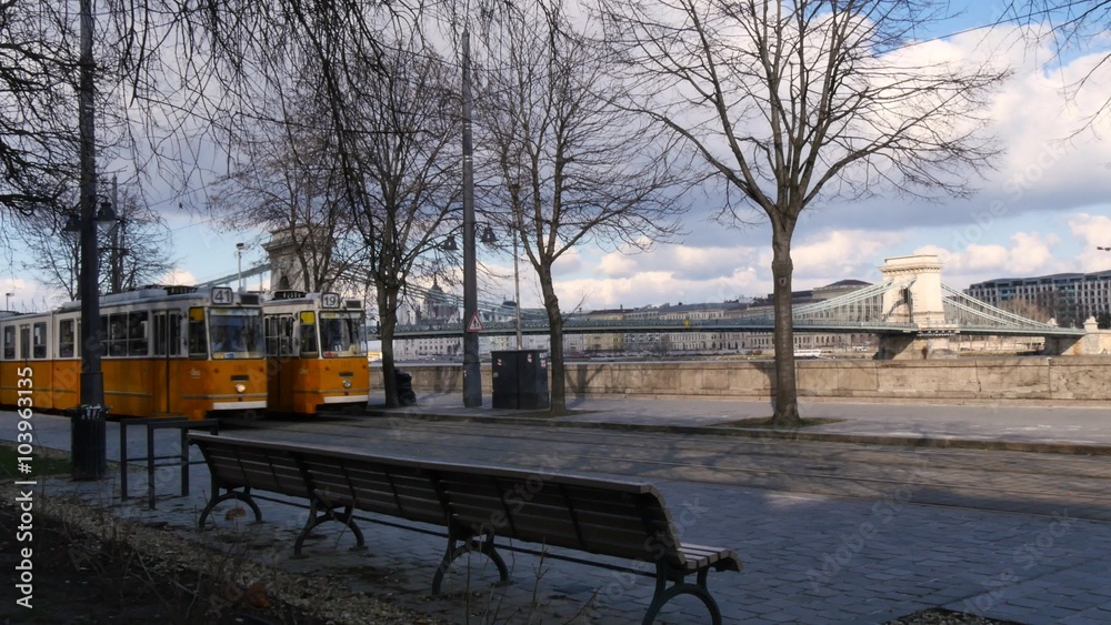 tram stop view and The Széchenyi Chain Bridge, Budapest tram stop view and The Széchenyi Chain Bridge, Budapest