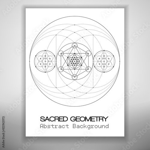 bstract brochure template with sacred geometry drawing, Metatrons Cube and hexagrammas in circles. Vector illustration.