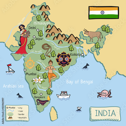 Cartoon map of India.