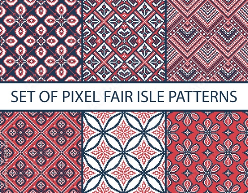 Collection of pixel retro seamless patterns with stylized fair isle ornament. Vector illustration.
