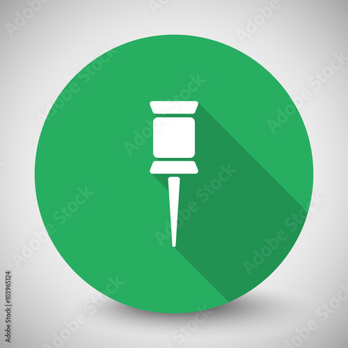 White Pushpin icon with long shadow on green circle