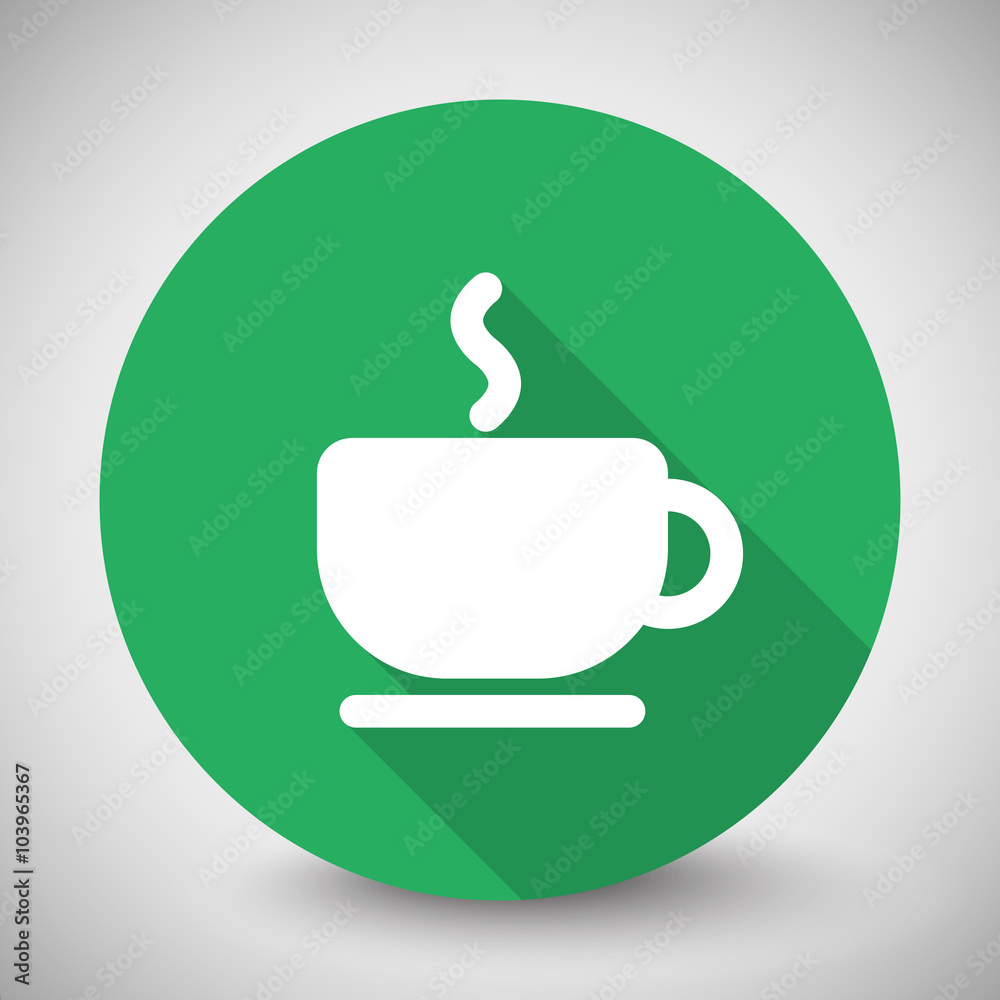 White Coffee icon with long shadow on green circle White Coffee icon with long shadow on green circle