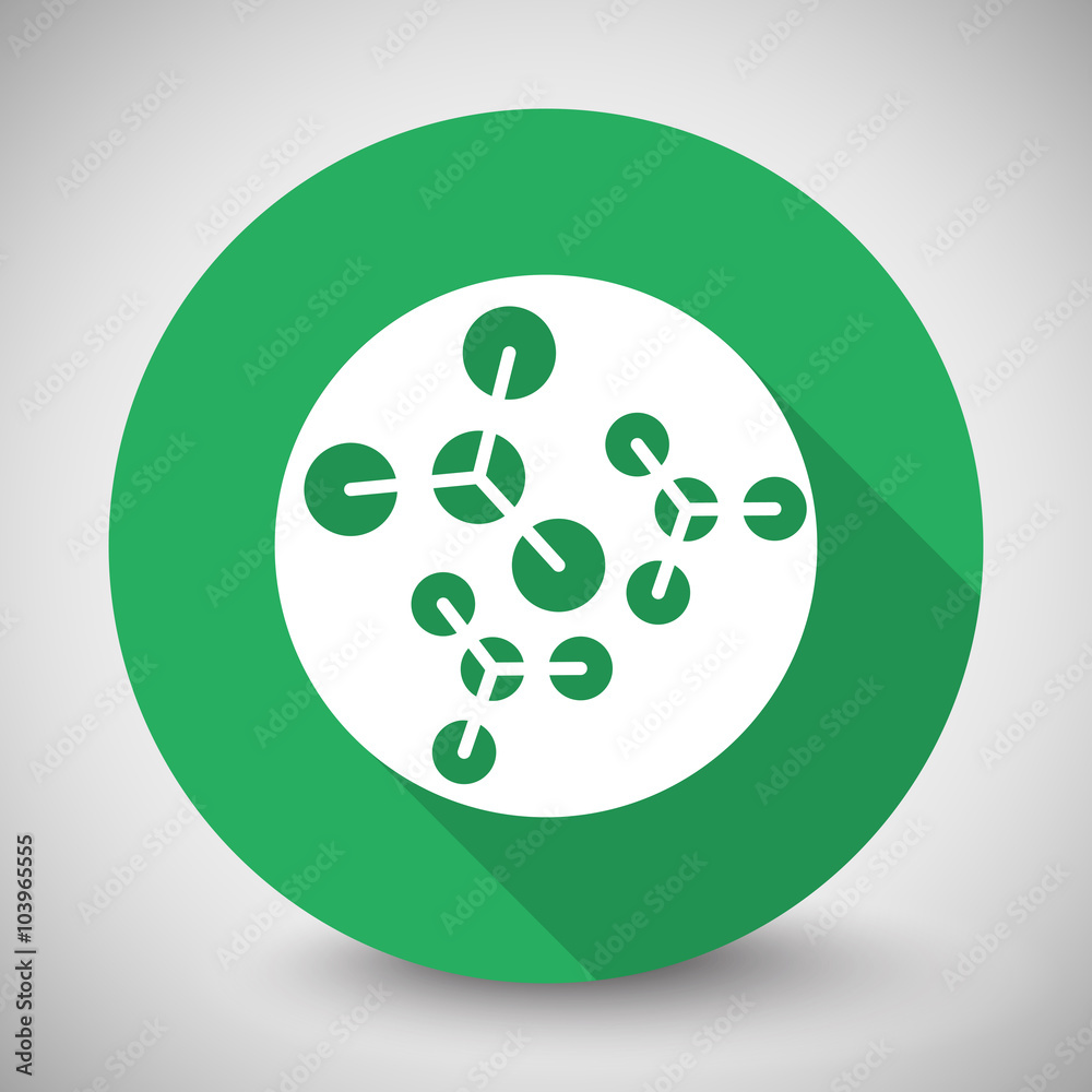 White Molecules icon with long shadow on green circle White Molecules icon with long shadow on green circle