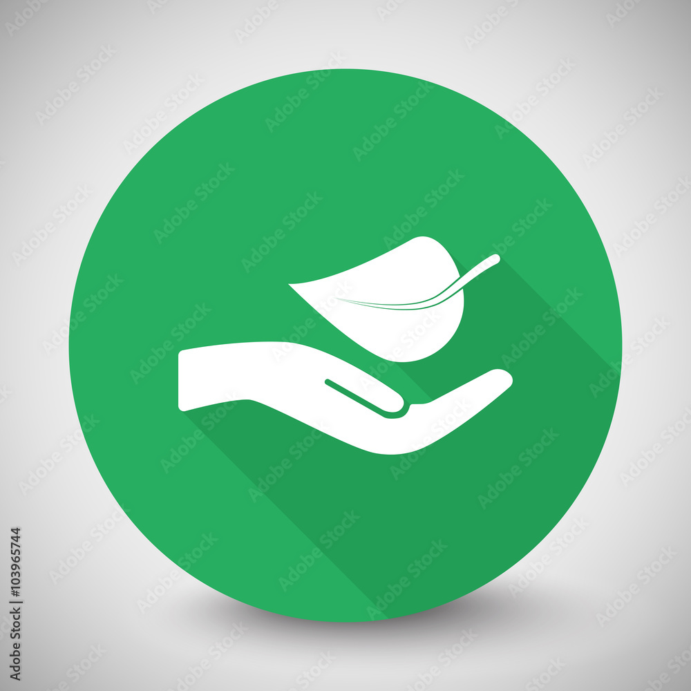 White Leaf In Hand icon with long shadow on green circle White Leaf In Hand icon with long shadow on green circle