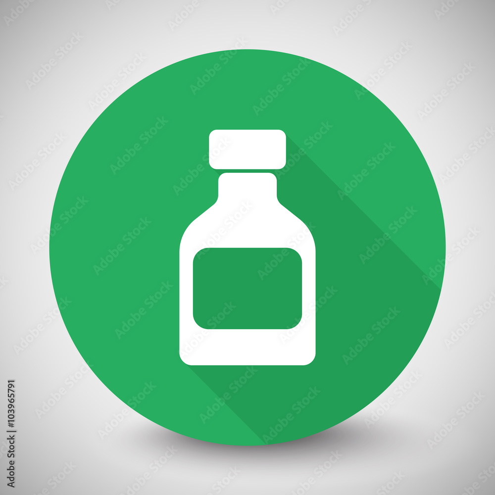 White Medicine Bottle icon with long shadow on green circle White Medicine Bottle icon with long shadow on green circle