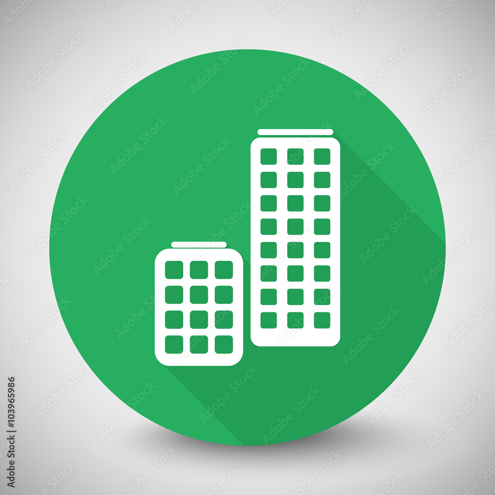 White Skyscrapers icon with long shadow on green circle White Skyscrapers icon with long shadow on green circle
