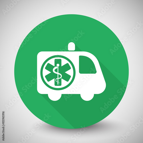 White Ambulance icon with long shadow on green circle